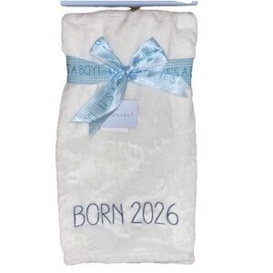 Baby Born 2026 White Blue Soft Baby Blanket 30” x 40” Gift Boy Logan & Lilly NEW